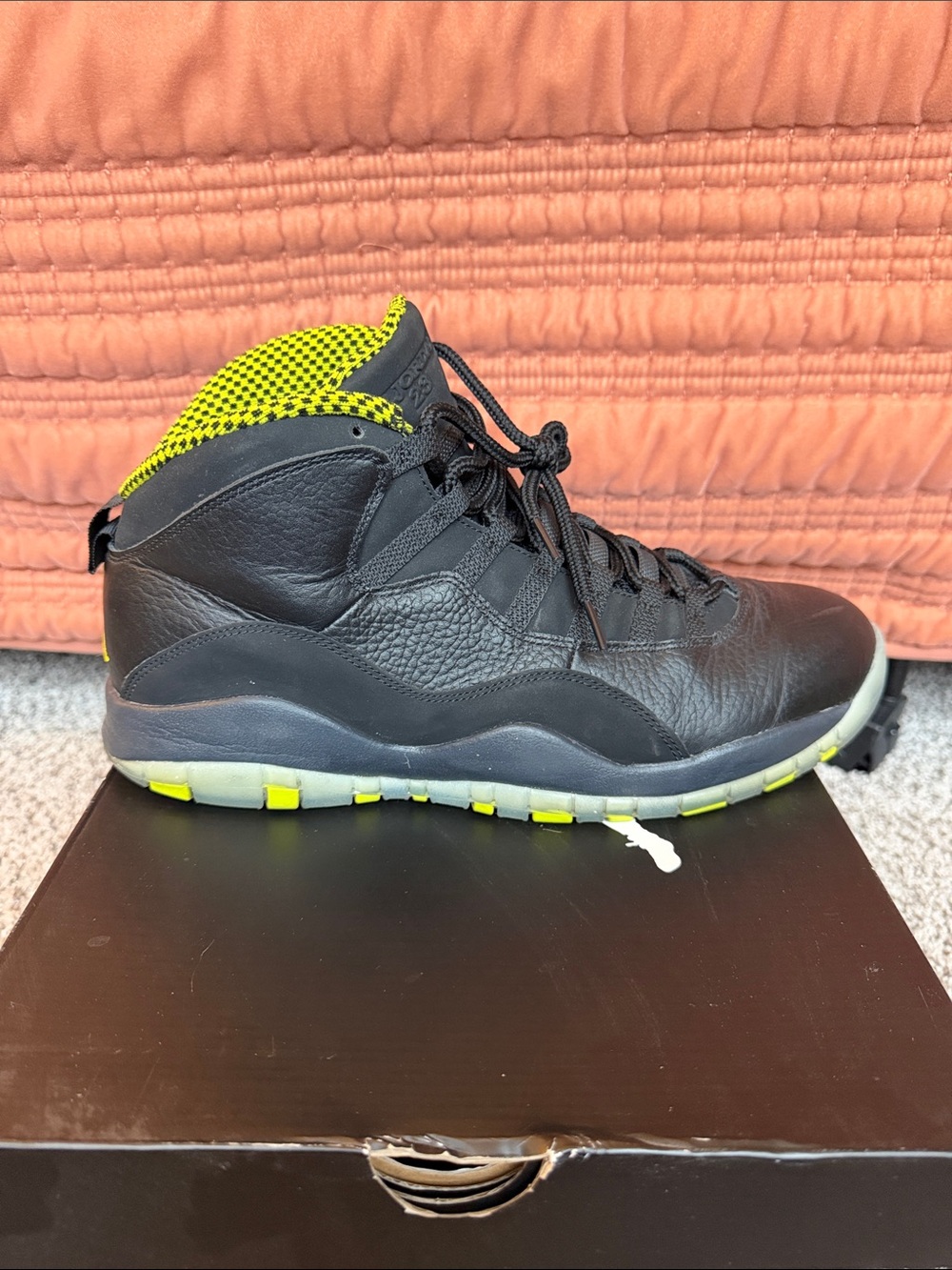 Air Jordan Retro 10 Men's Black and Neon Yellow High-Top Sneakers